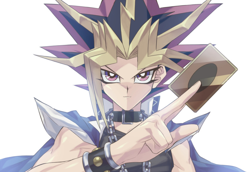 1boy blonde_hair blue_jacket bright_pupils card chain_necklace collar holding holding_card jacket jacket_on_shoulders jewelry male_focus multicolored_hair necklace purple_hair simple_background solo spiky_hair talgi two-tone_hair upper_body violet_eyes white_background white_pupils yami_yuugi yu-gi-oh! yu-gi-oh!_duel_monsters