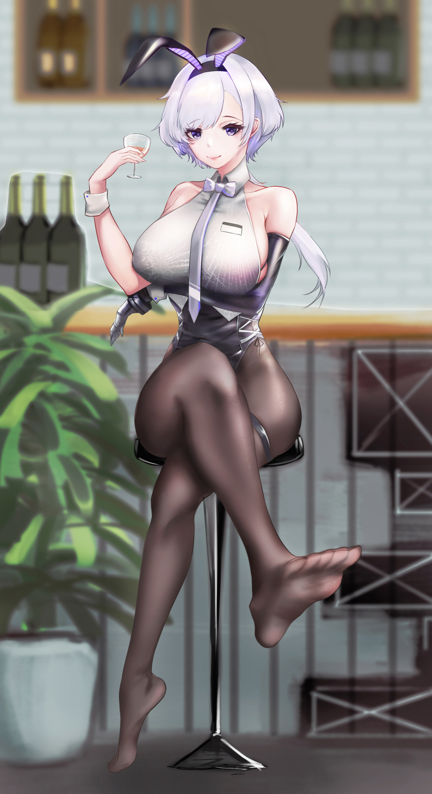 1girl absurdres animal_ears azur_lane backless_leotard bar bare_shoulders black_leotard blurry blurry_background breasts chenhuan_wu_wo cup elbow_gloves eyebrows_visible_through_hair fake_animal_ears full_body gloves highres holding holding_cup huge_breasts leotard leotard_under_clothes light_purple_hair looking_at_viewer mechanical_hands metal_gloves official_alternate_costume pantyhose parted_hair playboy_bunny rabbit_ears reno_(azur_lane) reno_(reno_bunnino)_(azur_lane) shirt side-tie_leotard sideboob single_elbow_glove single_mechanical_hand sleeveless sleeveless_shirt solo thigh_strap violet_eyes white_shirt wrist_cuffs
