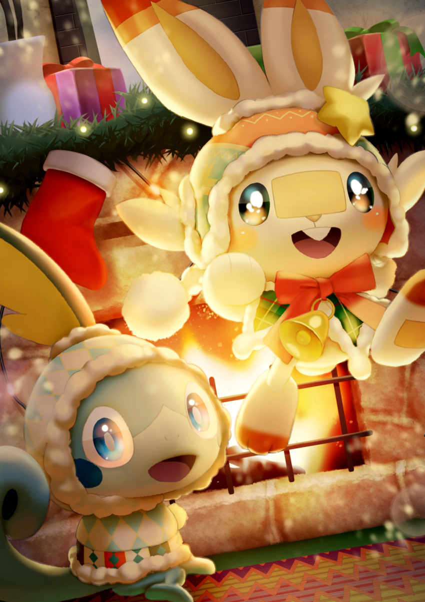 :d blue_eyes blush box bright_pupils christmas clothed_pokemon commentary_request fire fireplace gift gift_box highres hood hood_up indoors no_humans open_mouth pokemon pokemon_(creature) purobe red_ribbon ribbon scorbunny smile sobble tongue upper_teeth white_pupils