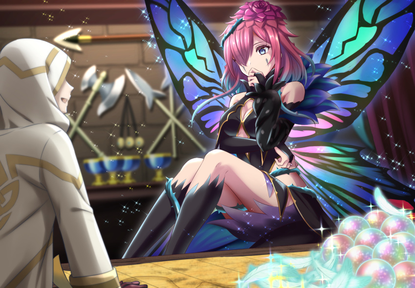 1girl 1other axe bangs bare_shoulders black_dress blue_eyes boots breasts butterfly_wings center_opening cleavage_cutout clothing_cutout commission covering_mouth dress facial_mark fairy_wings feathers fire_emblem fire_emblem_heroes floating flower gloves gradient_clothes grail hair_flower hair_ornament hair_over_one_eye hair_vines hand_over_own_mouth highres hood kakiko210 lance medium_hair orb polearm purple_hair skeb_commission sparkle spear table thorns triandra_(fire_emblem) weapon wings