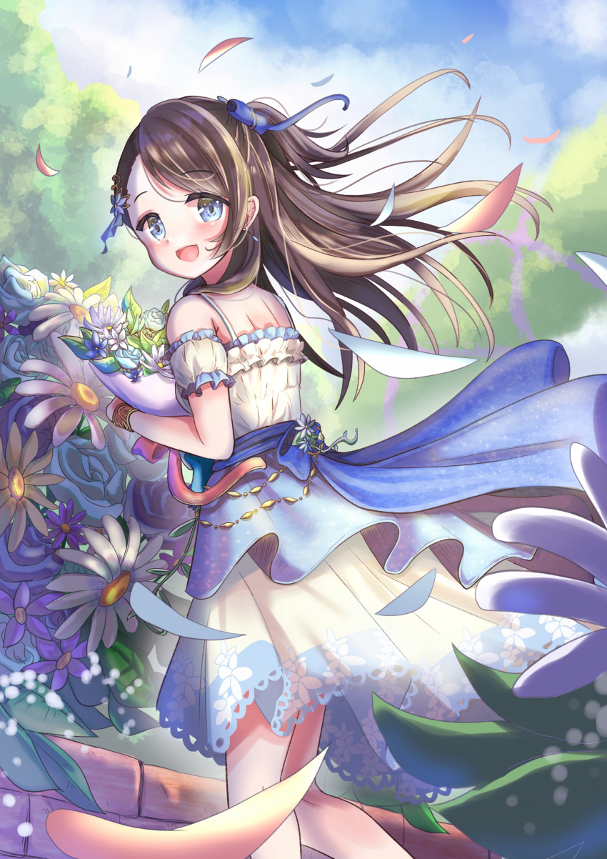1girl :d asymmetrical_bangs bangs bare_shoulders black_hair blue_sky blurry blush bouquet depth_of_field detached_sleeves dress earrings feet_out_of_frame floating_hair flower frilled_sleeves frills garden highres holding holding_bouquet idolmaster idolmaster_cinderella_girls idolmaster_cinderella_girls_starlight_stage jewelry kurihara_nene looking_at_viewer looking_back open_mouth outdoors petals print_dress sky sleeveless sleeveless_dress smile solo takenaka_takeshi