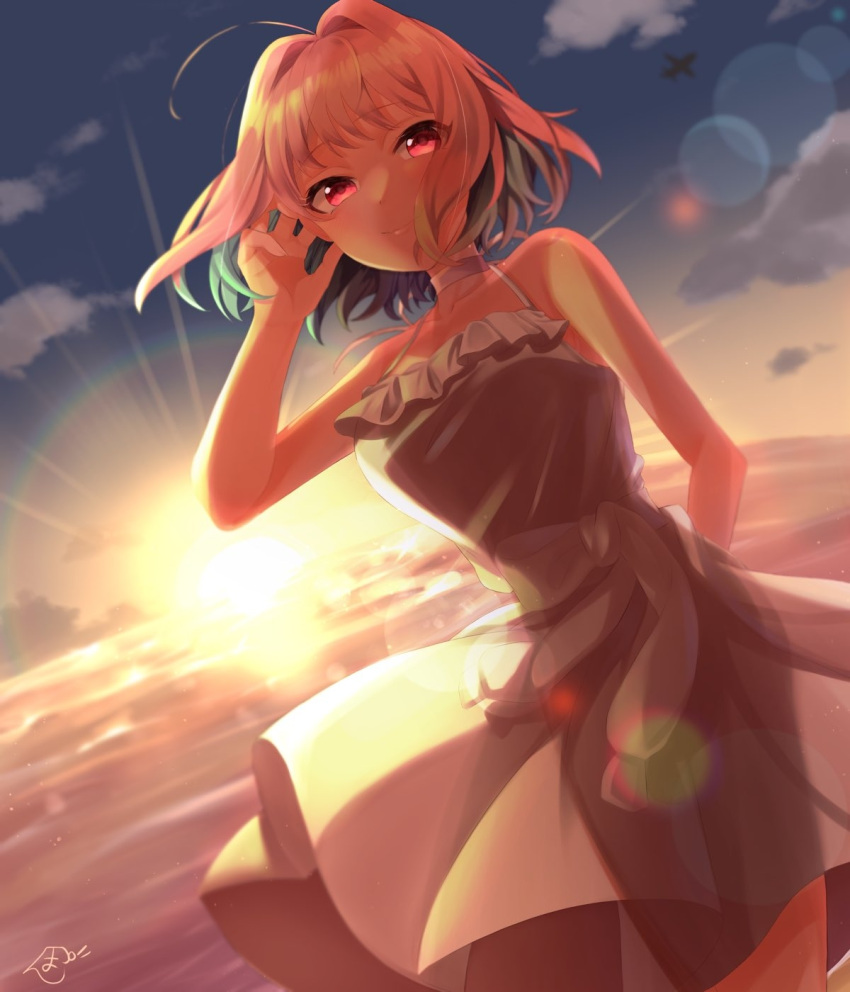 1girl ahoge aircraft airplane arm_behind_back backlighting bangs bare_shoulders blue_hair breasts choker closed_mouth clouds collarbone dot_nose dress floating_hair frilled_dress frills hand_in_hair hand_up highres horizon idolmaster idolmaster_cinderella_girls lens_flare looking_at_viewer multicolored_hair ocean outdoors pink_eyes pink_hair ponzu_(rrrritisu) see-through_silhouette short_hair signature sleeveless sleeveless_dress solo standing sun two-tone_hair water white_dress wind yumemi_riamu