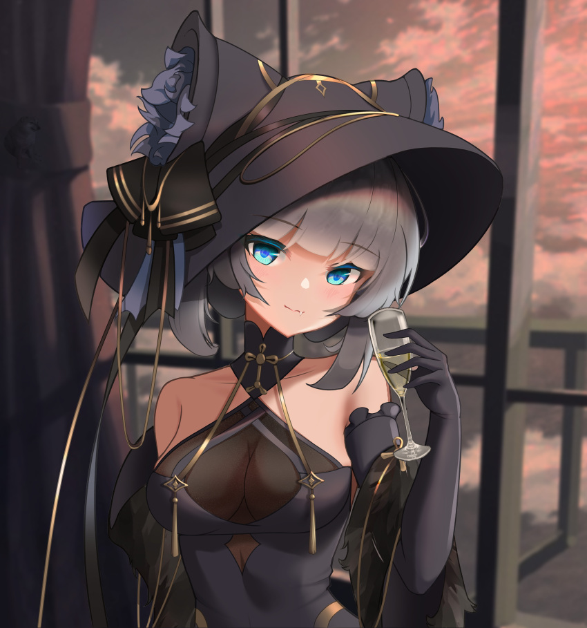 1girl absurdres animal_ears azur_lane bare_shoulders black_dress black_gloves black_headwear blue_eyes breasts champagne_flute cheshire_(azur_lane) cheshire_(cait_sith_crooner)_(azur_lane) china_dress chinese_clothes cleavage_cutout clothing_cutout cup dress drinking_glass elbow_gloves eyebrows_visible_through_hair fake_animal_ears fang feather_boa fedora flower gloves grey_hair hat hat_flower highres indoors large_breasts long_hair looking_at_viewer medium_breasts official_alternate_costume see-through sleeveless sleeveless_dress upper_body yibanmaotou