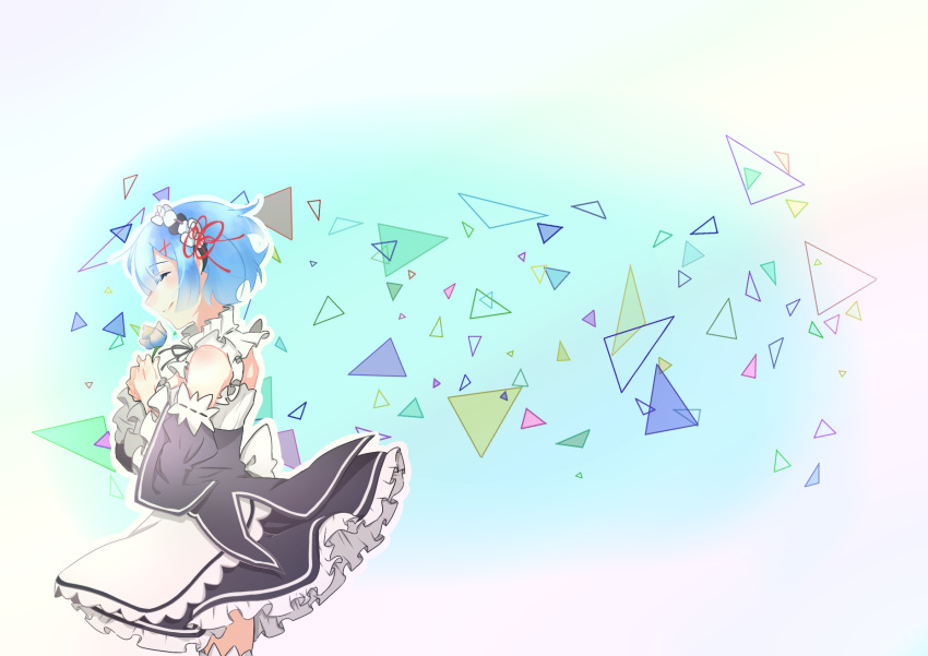 1girl bangs bare_shoulders blue_background blue_flower blue_hair closed_eyes closed_mouth collar commentary_request detached_sleeves dress eyebrows_visible_through_hair flower frills from_side hair_ornament hair_ribbon highres holding holding_flower maid maid_headdress re:zero_kara_hajimeru_isekai_seikatsu red_ribbon rem_(re:zero) ribbon roswaal_mansion_maid_uniform short_hair simple_background smile solo standing thigh-highs torao2218 triangle white_background white_legwear x_hair_ornament zettai_ryouiki