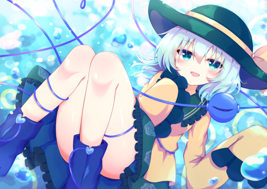 1girl :d aqua_eyes bangs black_headwear blue_background blurry blurry_background blush boots bow breasts bubble commentary_request convenient_leg eyebrows_visible_through_hair floating floral_print foot_out_of_frame frilled_shirt_collar frills green_skirt hair_between_eyes hand_up hat hat_bow heart heart_of_string highres knees_together_feet_apart knees_up komeiji_koishi light_green_hair long_sleeves looking_at_viewer medium_breasts open_mouth shirt simple_background skirt sleeves_past_fingers sleeves_past_wrists smile solo third_eye tomoe_(fdhs5855) touhou upskirt wide_sleeves yellow_bow yellow_shirt