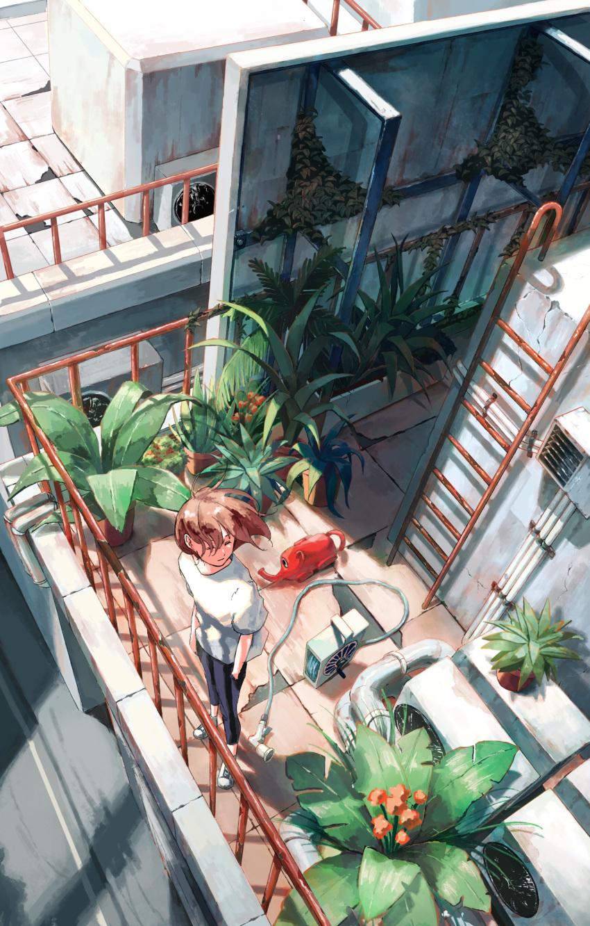 1girl absurdres black_pants brown_hair from_above highres ladder leaf ligton1225 original pants plant potted_plant rooftop shirt shoes short_hair short_sleeves solo watering_can white_footwear white_shirt wide_shot