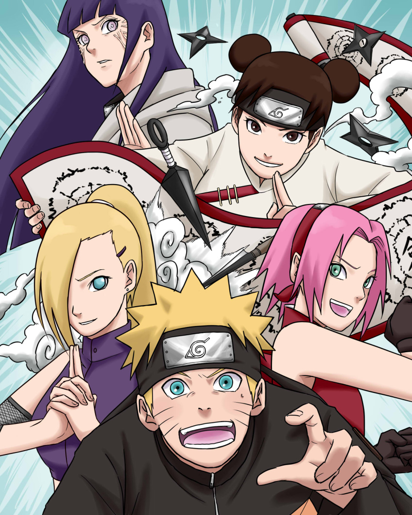 1boy 4girls :d blonde_hair blue_eyes brown_eyes brown_hair byakugan chinese_clothes forehead_protector green_eyes grey_jacket hair_ornament hair_over_one_eye hairpin haruno_sakura highres hyuuga_hinata jacket kunai looking_at_viewer multiple_girls naruto_(series) naruto_shippuuden ninja open_mouth pink_hair pinoko_(pnk623) ponytail purple_hair purple_shirt red_shirt shirt shuriken sleeveless sleeveless_shirt smile teeth tenten_(naruto) uzumaki_naruto v-shaped_eyebrows weapon white_eyes white_shirt yamanaka_ino