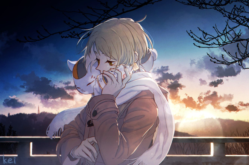 1boy aki963852 animal_on_shoulder artist_name blonde_hair bottle bridge brown_coat brown_eyes clouds coat cold hand_up holding holding_bottle light_rays looking_down looking_to_the_side natsume_takashi natsume_yuujinchou nyanko outdoors scarf smoke solo sunset tree white_scarf wind winter