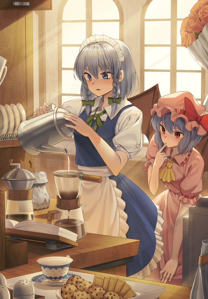 2girls absurdres bangs braid coffee cup dress eyebrows_visible_through_hair goback hair_between_eyes hat highres huge_filesize izayoi_sakuya looking_at_another maid maid_headdress multiple_girls open_mouth puffy_short_sleeves puffy_sleeves red_eyes remilia_scarlet short_hair short_sleeves standing touhou twin_braids