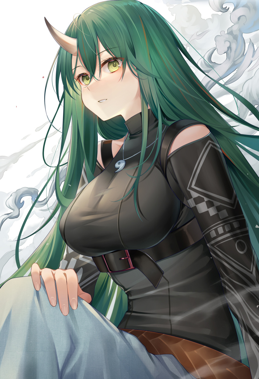 1girl absurdres arknights bare_shoulders belt blue_pants blush breasts buckle clothing_cutout denim green_eyes green_hair hand_on_own_knee highres horns hoshiguma_(arknights) hoshiguma_(patrolling_ronin)_(arknights) ion_(on01e) jeans jewelry large_breasts long_hair long_sleeves looking_at_viewer magatama magatama_necklace necklace official_alternate_costume oni_horns pants parted_lips shoulder_cutout simple_background single_horn sitting skin-covered_horns smile smoke solo underbust very_long_hair white_background