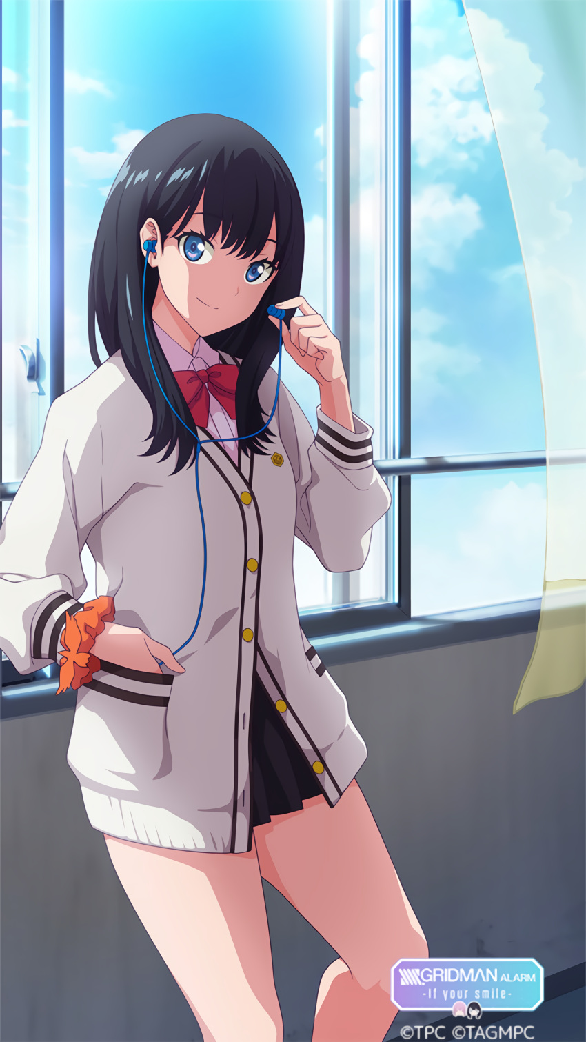 1girl absurdres against_wall black_hair bow bowtie earphones earphones feet_out_of_frame game_cg gridman_universe hand_in_pocket highres indoors long_hair looking_at_viewer official_art red_bow red_neckwear sky solo ssss.gridman takarada_rikka window