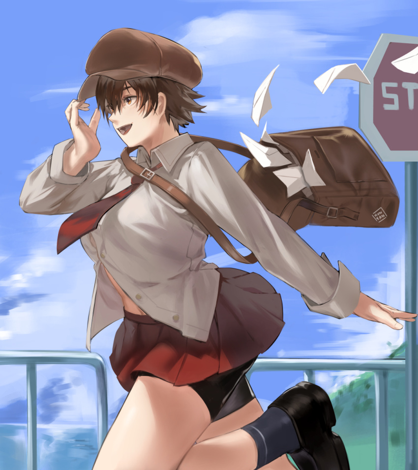 1girl artist_name bag bike_shorts black_footwear black_hair black_legwear black_shorts blue_sky brown_bag brown_headwear clouds cloudy_sky collared_shirt hand_up hat highres hunyan leg_up letter long_sleeves navel necktie open_mouth original outdoors pleated_skirt red_neckwear red_skirt road_sign shirt shoes short_hair shorts shoulder_bag sign skirt sky smile socks solo stop_sign white_shirt