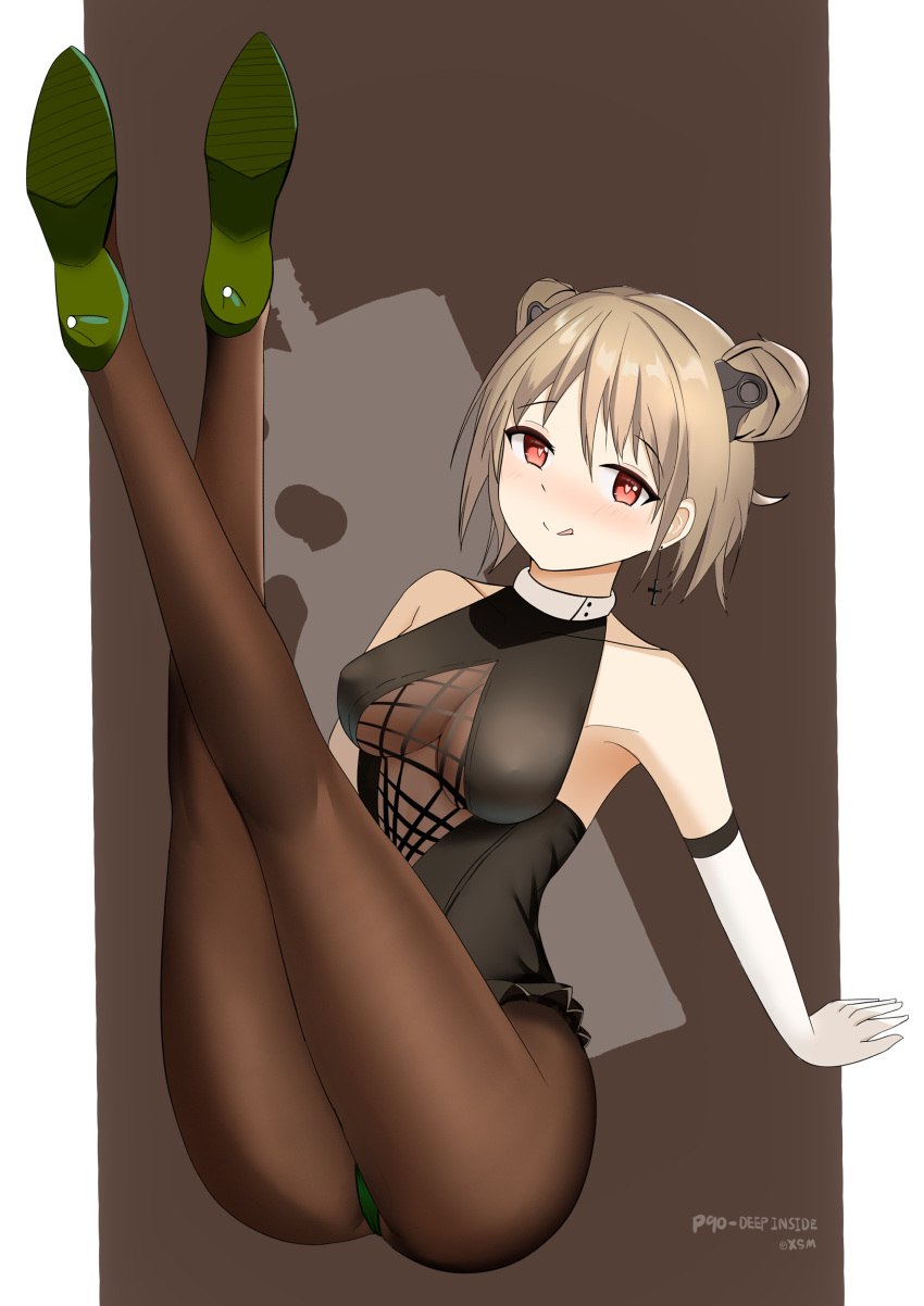 1456169777 1girl absurdres artist_name bangs black_legwear blush breasts character_name closed_mouth covered_nipples cross cross_earrings crossed_legs double_bun earrings elbow_gloves eyebrows_visible_through_hair girls_frontline gloves green_footwear hands_on_floor high_heels highres jewelry legs_up light_brown_hair looking_at_viewer medium_breasts medium_hair on_floor p90_(girls'_frontline) pantyhose red_eyes simple_background solo tongue tongue_out white_gloves