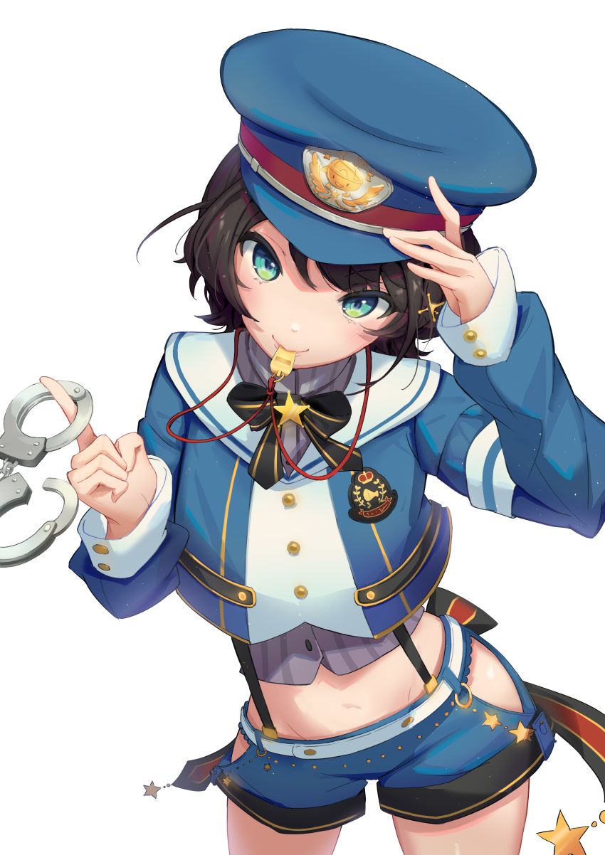 1girl absurdres aqua_eyes arm_up armband bangs black_bow black_hair black_neckwear blue_headwear blue_jacket blue_shorts blush bow bowtie commentary cowboy_shot cropped_jacket cuffs eyebrows_visible_through_hair hand_on_headwear hand_up handcuffs hat highres holding holding_handcuffs hololive jacket looking_at_viewer midriff mouth_hold oozora_subaru police police_hat police_uniform shirt short_hair short_shorts shorts shyi simple_background solo standing striped striped_shirt uniform virtual_youtuber whistle whistle_around_neck whistling white_background white_jacket