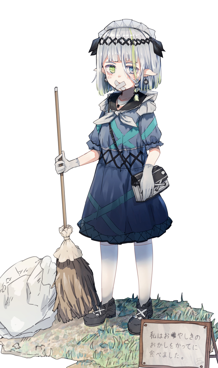 1girl absurdres bag blue_dress blue_eyes braid broom collarbone commentary_request crossed_bandaids dress earrings gloves green_eyes green_hair grey_hair heterochromia highres holding holding_broom jewelry looking_at_viewer maid_headdress multicolored_hair nishi_yasuaki original parted_lips pointy_ears puffy_short_sleeves puffy_sleeves short_sleeves shoulder_bag sign solo streaked_hair translation_request white_background white_gloves