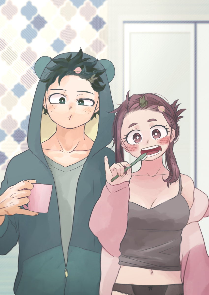 1boy 1girl black_panties black_shirt boku_no_hero_academia breasts brown_hair brushing_teeth couple green_hair hetero highres messy_hair midoriya_izuku navel open_mouth pajamas panties saburou_(326xxx1) shirt underwear uraraka_ochako