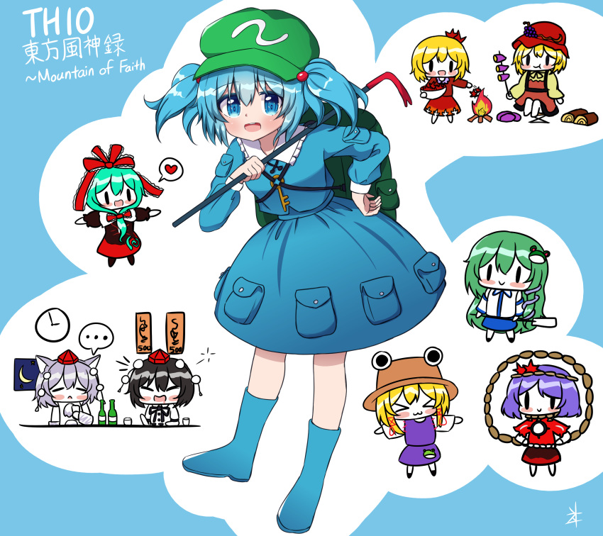 &gt;_&lt; ... 6+girls :&gt; :&lt; :3 :d absurdres aki_minoriko aki_shizuha animal_ears apron bangs black_eyes black_hair black_shirt blonde_hair blue_background blue_eyes blue_footwear blue_hair blue_shirt blue_skirt boots bottle brown_headwear campfire chaleu chibi chibi_inset clock closed_eyes closed_mouth copyright_name crescent_moon crowbar detached_sleeves drunk eating eyebrows_visible_through_hair flat_cap food frilled_ribbon frills frog_hair_ornament front_ponytail gohei green_hair green_headwear grey_hair hair_bobbles hair_ornament hair_ribbon hand_on_hip hat heart highres holding holding_food inubashiri_momiji kagiyama_hina kawashiro_nitori key kochiya_sanae leaf_hair_ornament long_hair long_sleeves looking_at_viewer moon moriya_suwako mountain_of_faith multiple_girls open_mouth pocket pom_pom_(clothes) purple_hair purple_skirt purple_vest red_apron red_headwear red_shirt red_skirt ribbon rope rubber_boots shameimaru_aya shawl shirt sidelocks sitting skirt smile snake_hair_ornament solid_oval_eyes spoken_ellipsis spoken_heart tokin_hat touhou two_side_up vest white_shirt wolf_ears wood yasaka_kanako