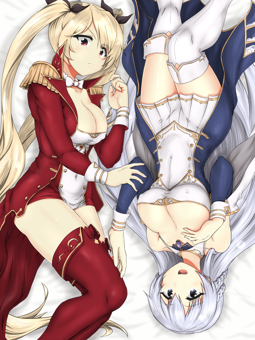 2girls azur_lane black_ribbon blonde_hair boots braid breasts buttons coat double-breasted dress epaulettes french_braid from_above hair_ribbon hand_on_own_chest highres large_breasts light_purple_hair long_hair looking_at_viewer lying microdress miniskirt multiple_girls nelson_(azur_lane) on_back on_bed on_side pleated_skirt purple_coat red_coat red_dress red_eyes red_footwear ribbon rodney_(azur_lane) skirt thigh-highs thigh_boots twintails two-tone_dress very_long_hair violet_eyes white_dress white_footwear white_skirt yashio_(0321)