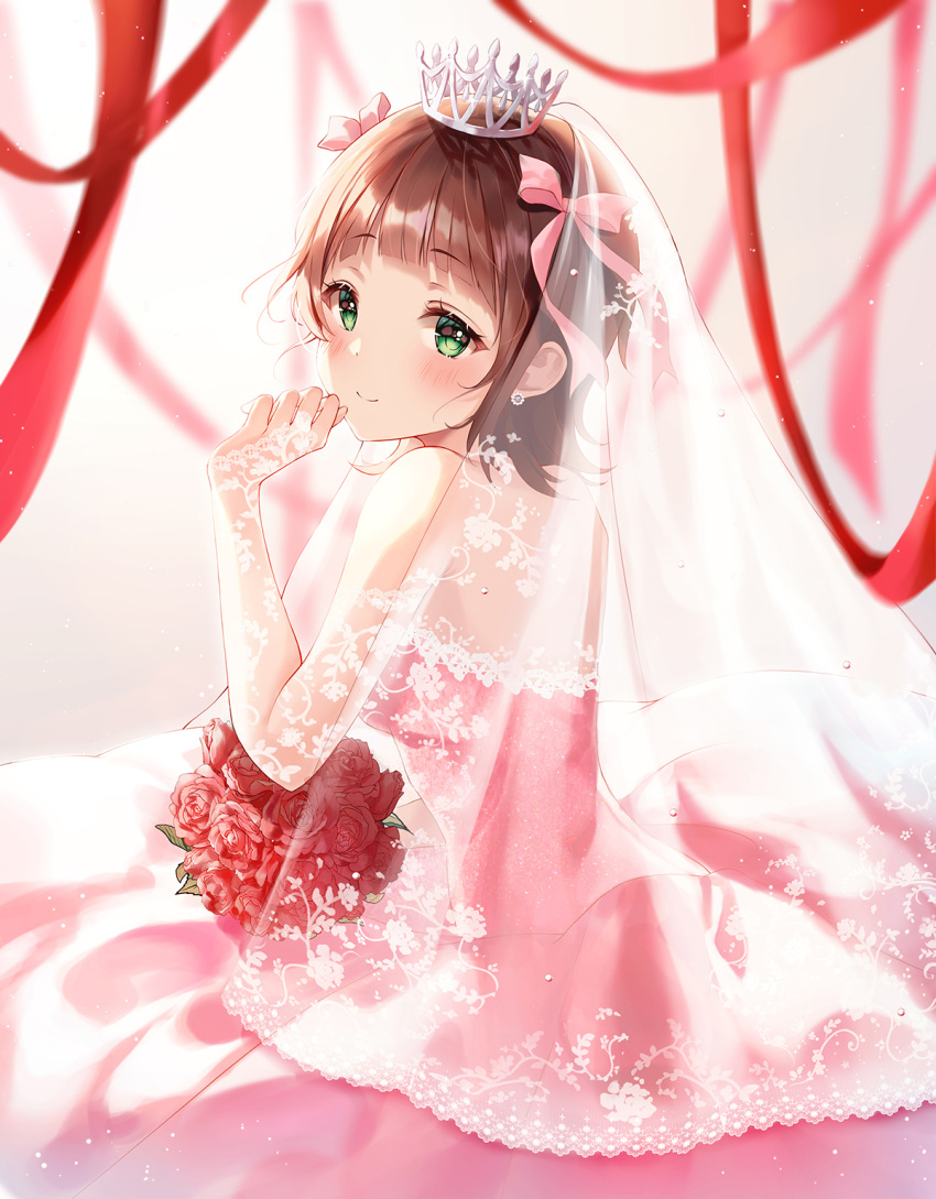 1girl alternate_costume amami_haruka backless_dress backless_outfit bangs bare_shoulders blunt_bangs blush bouquet bridal_gauntlets bridal_veil bride brown_hair crown dress earrings flower gloves green_eyes hair_ribbon heeri highres holding holding_bouquet idolmaster idolmaster_(classic) idolmaster_million_live! jewelry lace-trimmed_gloves lace-trimmed_veil lace_trim light_smile looking_at_viewer looking_back off-shoulder_dress off_shoulder pink_dress ribbon rose short_hair solo veil