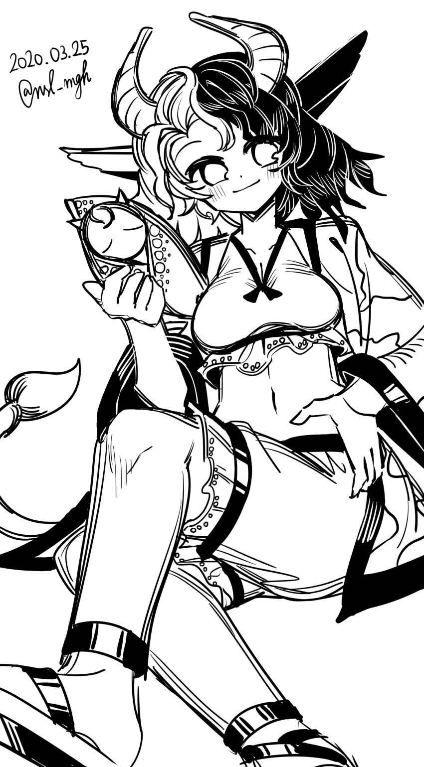 1girl absurdres animal_ears animal_print asuku_(69-1-31) closed_mouth cow_ears cow_girl cow_horns cow_print cow_tail crossed_legs frilled_shorts frills hand_on_hip haori highres horns japanese_clothes looking_at_viewer midriff monochrome multicolored_hair navel sandals short_hair shorts signature smile sports_bra statue stomach tail tank_top touhou two-tone_hair ushizaki_urumi