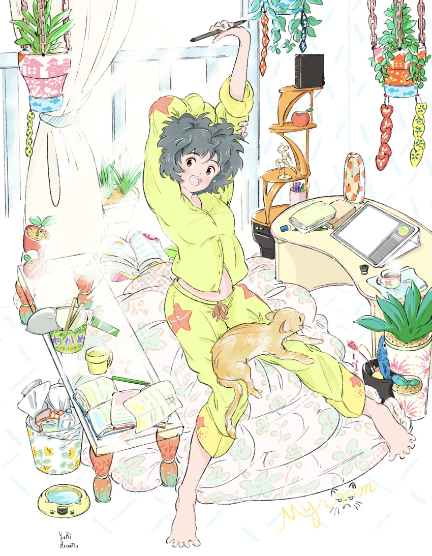 1girl absurdres arms_up barefoot blush book breasts cat cup drawing_tablet full_body grey_hair highres holding holding_pen indoors kawatsu_yuuki leaf midriff_peek navel open_book open_mouth original pajamas paper pen plant potted_plant print_pajamas short_hair signature sitting smile solo steam stretch window yellow_pajamas