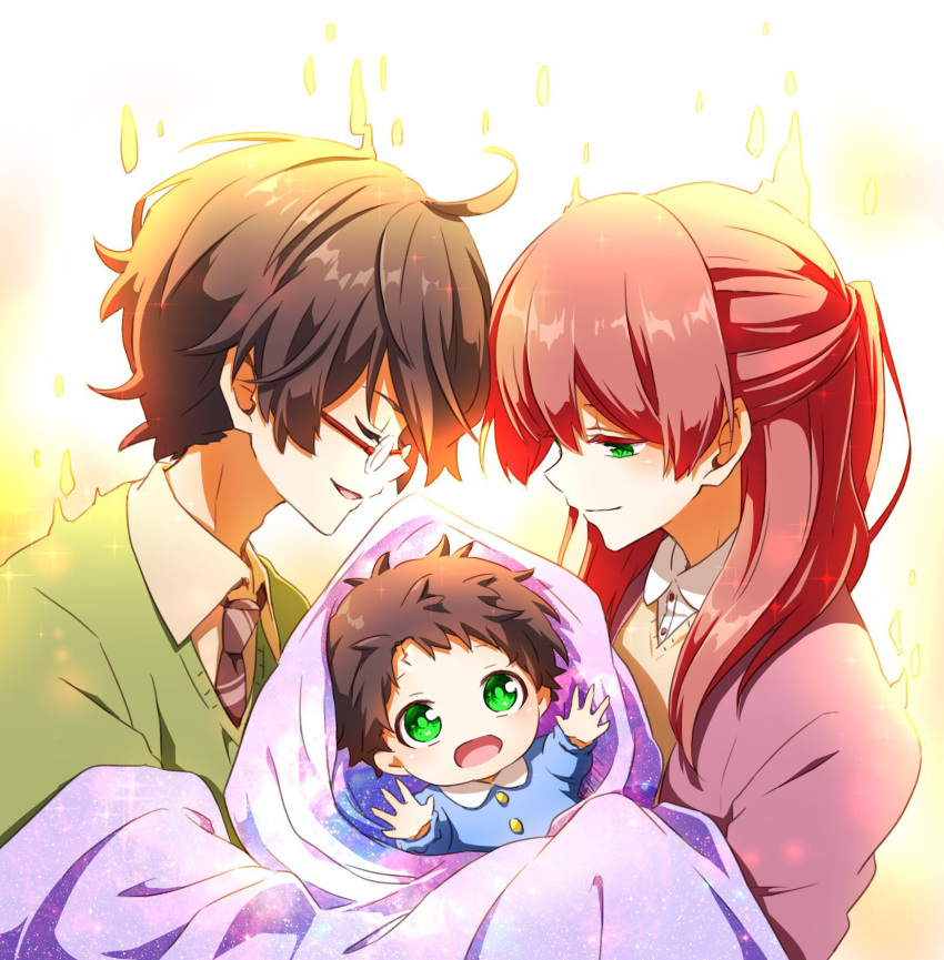 1girl 2boys baby black_hair closed_eyes couple family father_and_son glasses green_eyes harry_james_potter harry_potter highres holding_baby james_potter kapirusu lily_evans long_hair mother_and_son multiple_boys redhead scar scar_on_face scar_on_forehead smile