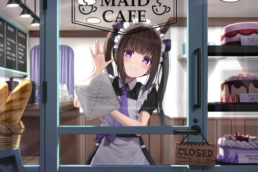 1girl apron baguette bangs black_dress black_hair black_ribbon blush bread cafe cake cleaning closed_mouth commentary_request dress eyebrows_visible_through_hair food glass_door hair_ribbon holding indoors long_hair looking_at_viewer maid maid_cafe maid_headdress menu_board necktie original purple_neckwear ribbon short_sleeves sidelocks sign smile solo superpig twintails violet_eyes white_apron wiping