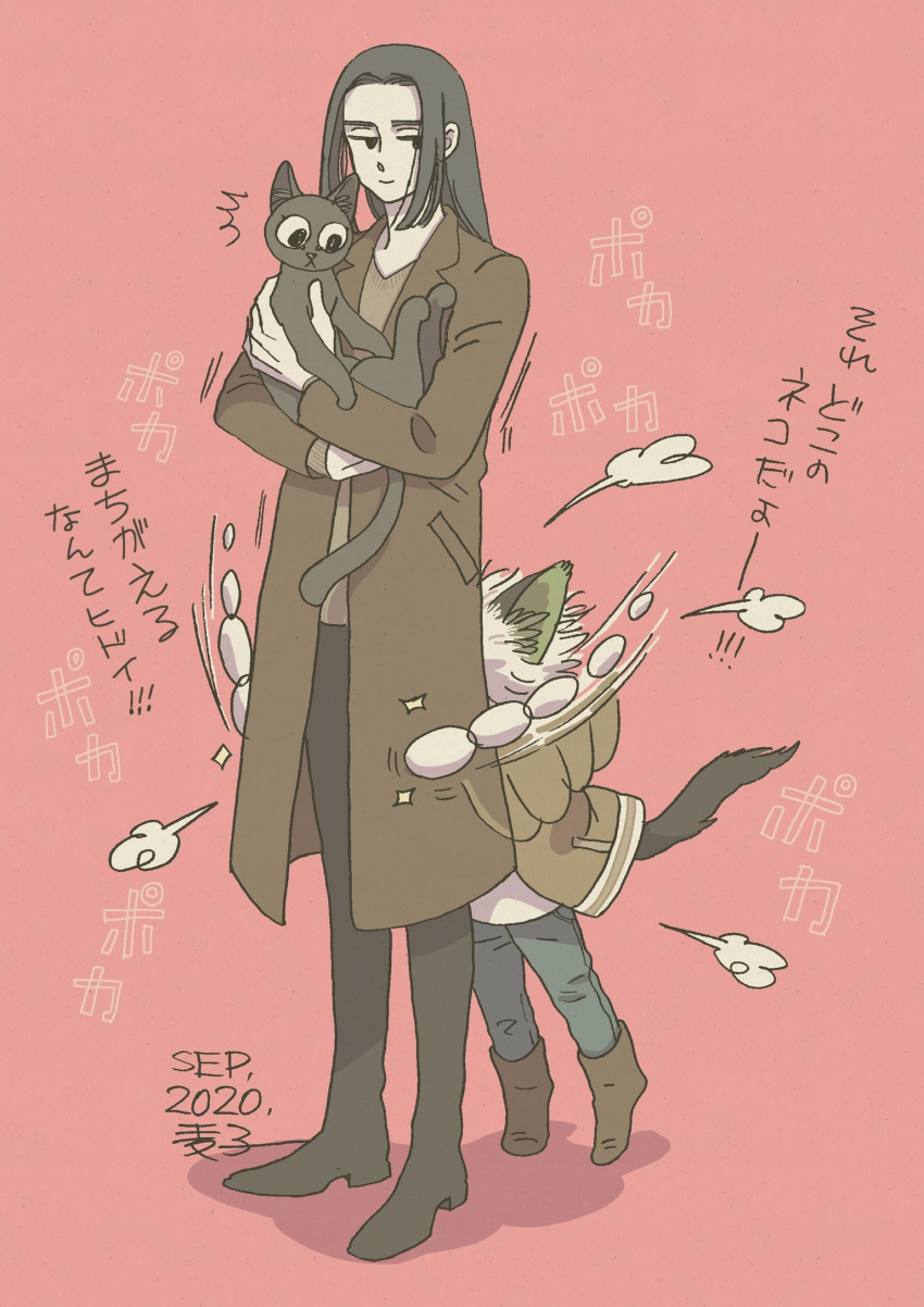 2boys animal animal_ears black_cat black_hair black_pants blue_pants boots brown_coat brown_footwear cat cat_boy cat_ears cat_tail coat dated highres holding holding_animal holding_cat long_hair luoxiaohei mugi-co multiple_boys pants pink_background short_hair simple_background tail the_legend_of_luo_xiaohei translation_request white_hair wuxian_(the_legend_of_luoxiaohei)