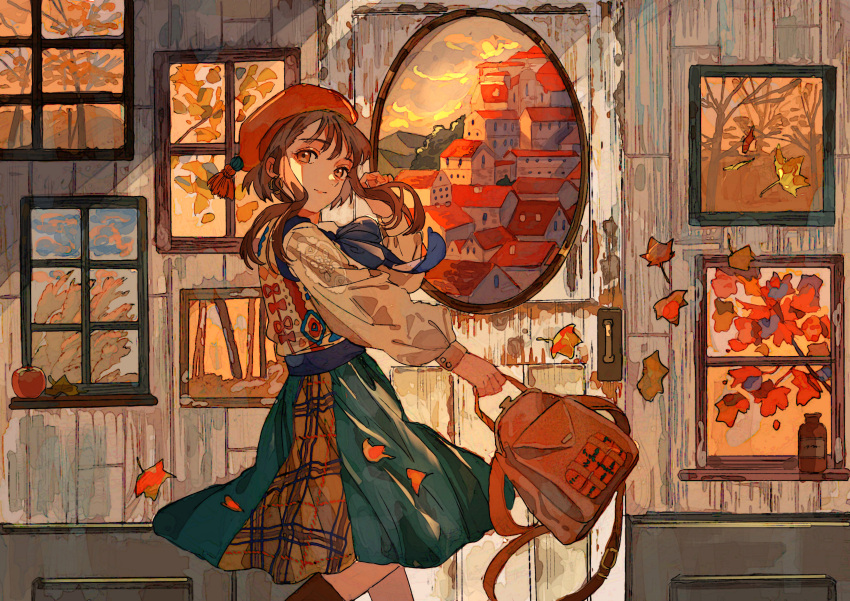1girl absurdres autumn autumn_leaves bag beret blue_neckwear brown_eyes brown_hair brown_skirt earrings falling_leaves green_skirt hand_up hat highres holding holding_bag jewelry leaf long_sleeves looking_at_viewer looking_to_the_side original painting plaid plaid_skirt qooo003 red_bag red_headwear shirt short_hair sidelocks skirt solo tassel two-tone_skirt white_shirt window