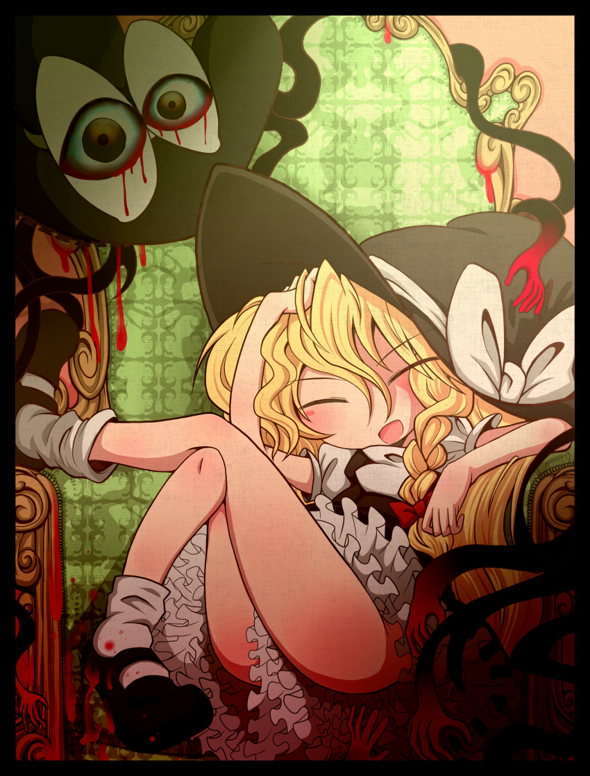 1girl :d absurdres bangs black_footwear black_headwear black_vest blonde_hair blood blood_drip blush bow brown_eyes closed_eyes commentary_request cookie_(touhou) crossed_legs dripping eyebrows_visible_through_hair frilled_skirt frills full_body hair_between_eyes hair_bow hat hat_bow highres kirisame_marisa living_clothes long_hair mary_janes open_mouth red_bow shirt shoes sitting skirt smile socks suzu_(cookie) throne touhou vest white_bow white_legwear white_shirt witch_hat zat_(nicoseiga16862246)