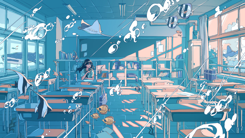 1girl bangs bottle bubble desk fish highres ichigoame indoors manta_ray moorish_idol original sailor_collar shadow shelf short_sleeves sitting solo whale