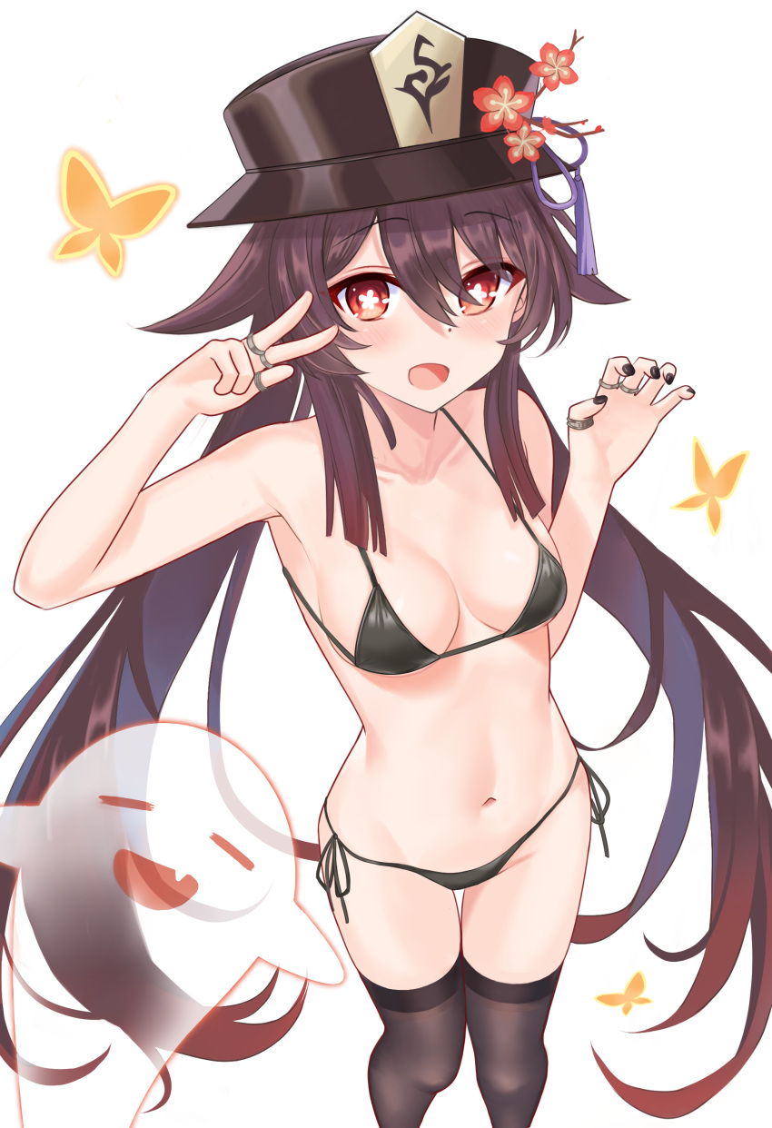 1girl a865675167774 absurdres bangs bare_shoulders bikini black_bikini black_headwear black_legwear black_nails breasts collarbone commentary dot_nose eyebrows_visible_through_hair flower genshin_impact ghost hair_between_eyes hands_up hat hat_flower highres hu_tao_(genshin_impact) jewelry long_hair looking_at_viewer low_twintails nail_polish navel open_mouth ring simple_background standing string_bikini swimsuit symbol-shaped_pupils thigh-highs thigh_gap thighs twintails under_boob very_long_hair w white_background