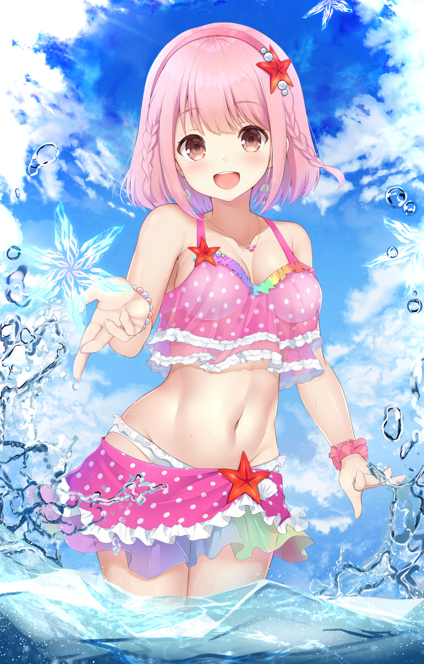 1girl :d absurdres argentum_2o bangs bare_shoulders bikini bikini_bottom bikini_top blue_sky blunt_bangs bracelet braid breasts clouds collarbone earrings frilled_bikini frilled_skirt frilled_swimsuit frills frozen hair_between_eyes hair_ornament halterneck highres hoshizaki_akari huge_filesize ice jewelry medium_breasts medium_hair midriff navel necklace ongeki open_mouth outstretched_hand pink_eyes pink_hair pink_swimsuit polka_dot ring see-through shell shell_earrings skirt sky smile snowflakes solo standing star_(symbol) star_hair_ornament swimsuit upper_teeth water water_drop wristband