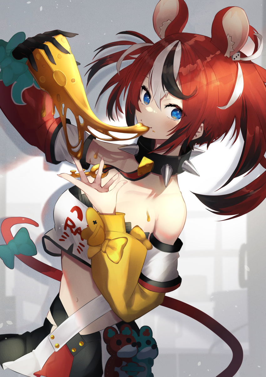 1girl absurdres animal_ears bare_shoulders black_hair black_skirt blue_eyes breasts brown_hair cheese cheese_trail choker dice dice_hair_ornament eating english_commentary food hair_ornament hakos_baelz highres hololive hololive_english key medium_breasts mouse_ears mouse_tail navel red_skirt redhead shirt skirt spiked_choker spikes tail torikaze_ito white_shirt white_skirt