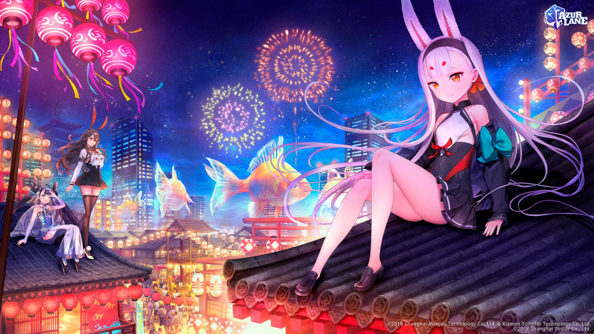 3girls absurdres animal_ears arm_support asatani_tomoyo azur_lane bangs bare_shoulders black_footwear black_legwear blue_eyes breasts brown_eyes brown_hair building chikuma_(azur_lane) closed_mouth commentary copyright_name fingernails fireworks flat_chest full_body gradient gradient_sky hair_ornament hairband high_heels highres katsuragi_(azur_lane) large_breasts logo long_hair long_sleeves mole mole_under_mouth multiple_girls night night_sky official_art open_mouth pom_pom_(clothes) rabbit_ears red_eyes shimakaze_(azur_lane) shoes simple_background sitting skirt sky sleeves_past_wrists smile thigh-highs thighs tied_hair white_hair zettai_ryouiki