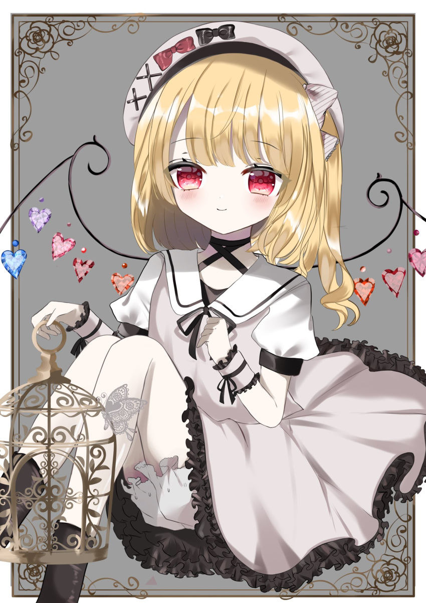 1girl bangs beret blush bow closed_mouth crystal dress eyebrows_visible_through_hair feet_out_of_frame flandre_scarlet flat_chest grey_background hair_bow hat highres medium_hair okome2028 one_side_up red_eyes simple_background smile solo touhou white_bow white_dress white_headwear wings