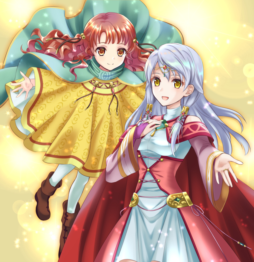 2girls :d bangs bare_shoulders bridal_gauntlets cape circlet commission detached_sleeves dress fire_emblem fire_emblem:_radiant_dawn half_updo kakiko210 light_particles light_rays long_hair long_sleeves looking_at_viewer micaiah_(fire_emblem) multiple_girls open_mouth orange_eyes orange_hair outstretched_arm reaching reaching_out red_cape silver_hair skeb_commission smile turtleneck_dress white_dress white_legwear yellow_background yellow_eyes yune_(fire_emblem)
