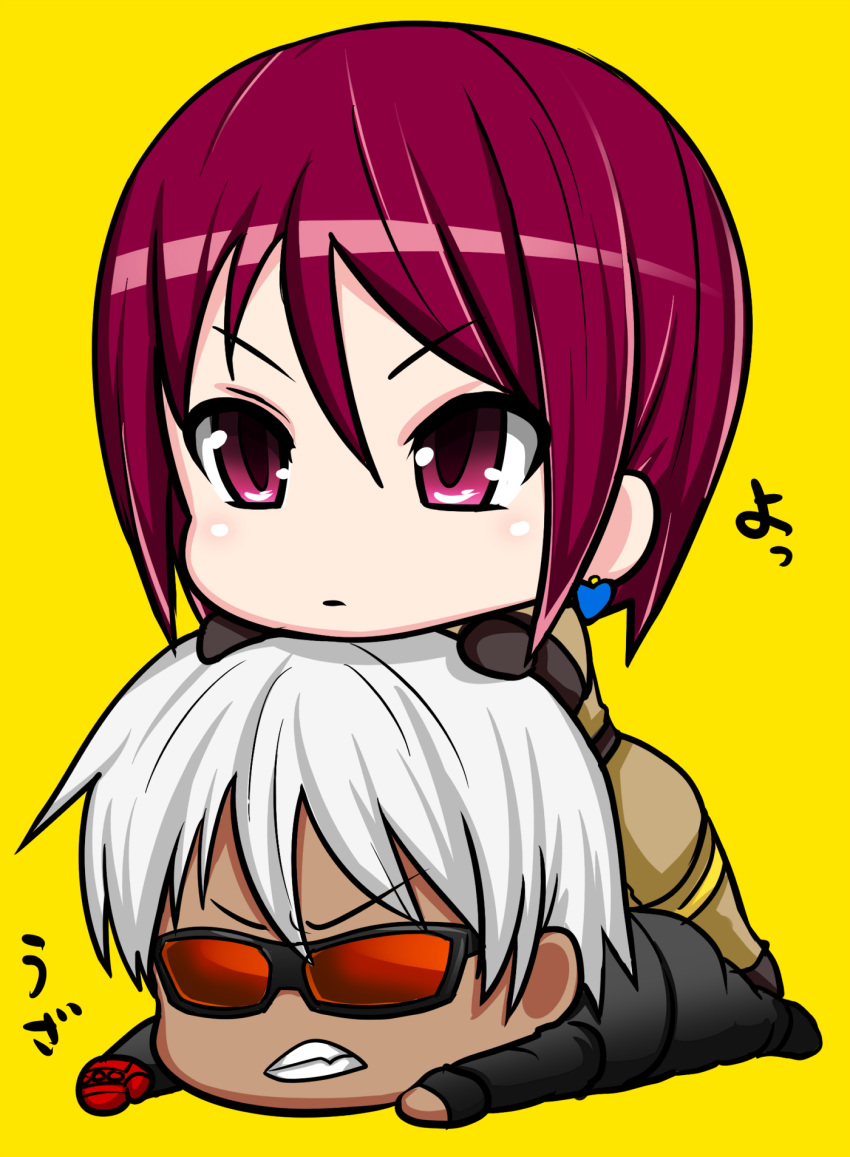 angry chibi glasses gloves highres k'_(kof) okyou stack the_king_of_fighters whip_(kof) white_hair yellow_background