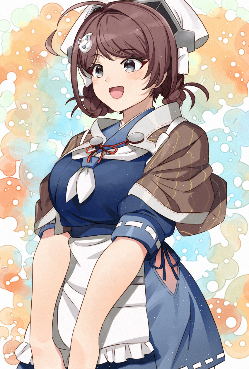 1girl absurdres ahoge apron bandana blue_serafuku blue_skirt blush braid brown_hair chougei_(kancolle) eyebrows_visible_through_hair grey_eyes hair_ornament hairclip headgear highres japanese_clothes kanmiya_shinobu kantai_collection long_hair neckerchief open_mouth pleated_skirt sailor_collar school_uniform serafuku shawl skirt smile solo twin_braids waist_apron white_apron white_neckwear