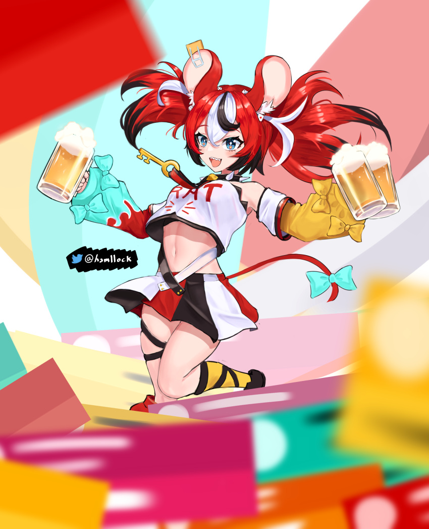 1girl absurdres alcohol animal_ears beer beer_mug black_hair black_skirt blue_eyes breasts cheese choker cup dice dice_hair_ornament english_commentary food hair_ornament hakos_baelz hamllock highres hololive hololive_english male_focus mouse_ears mouse_girl mouse_tail mousetrap mug multicolored_hair red_skirt redhead shirt skirt streaked_hair tail twitter_username virtual_youtuber white_hair white_shirt white_skirt