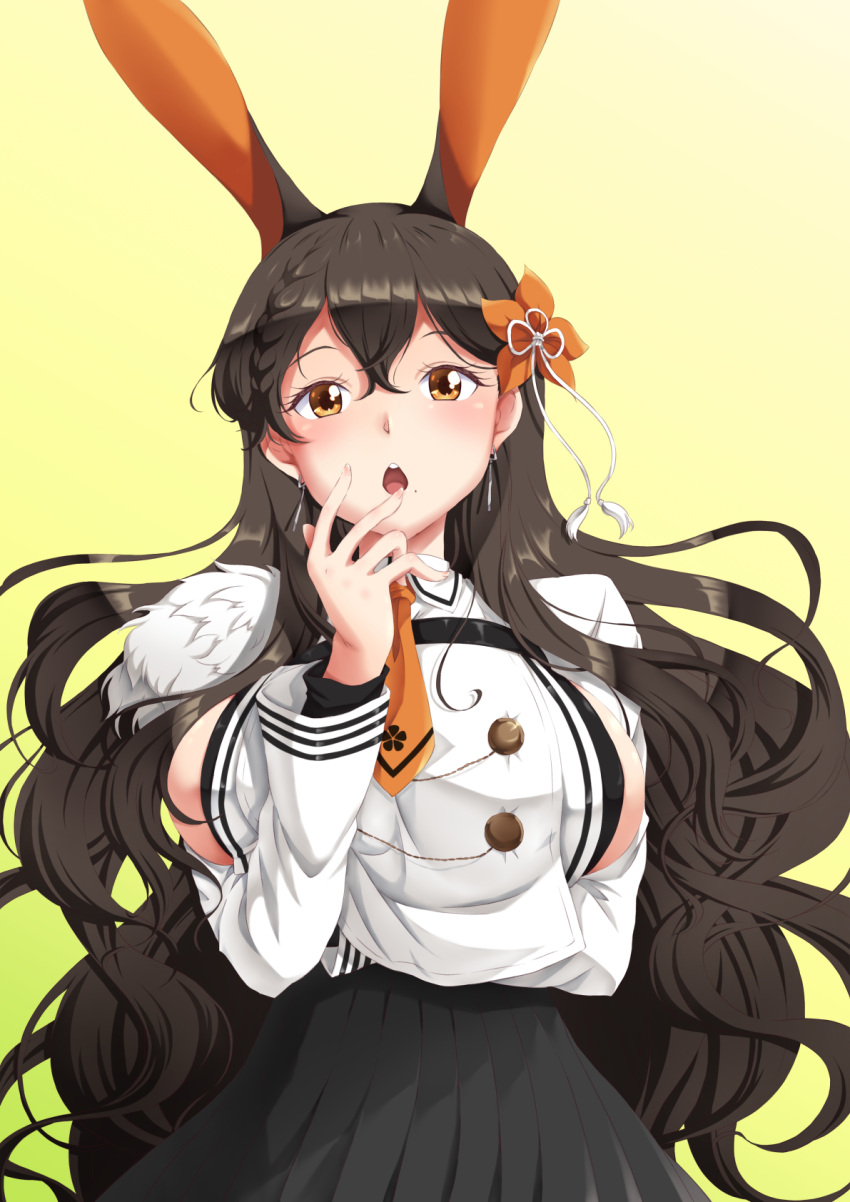 1girl :o animal_ears arm_under_breasts azur_lane bangs black_skirt blush braid breasts brown_eyes brown_hair buttons chikuma_(azur_lane) collared_shirt commentary cowboy_shot double-breasted earrings flower french_braid hair_between_eyes hair_flower hair_ornament hand_up highres jewelry large_breasts long_hair long_sleeves looking_at_viewer necktie open_mouth orange_neckwear pleated_skirt rabbit_ears shirt shiruppo side_cutout sideboob sidelocks simple_background skirt solo standing very_long_hair wavy_hair white_shirt yellow_background