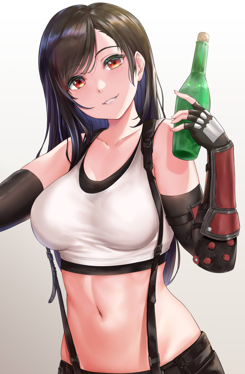 1girl absurdres black_hair breasts commentary crop_top elbow_gloves final_fantasy final_fantasy_vii final_fantasy_vii_remake fingerless_gloves gloves highres long_hair looking_at_viewer midriff navel rama_(yu-light8) simple_background skirt smile solo suspender_skirt suspenders tank_top tifa_lockhart
