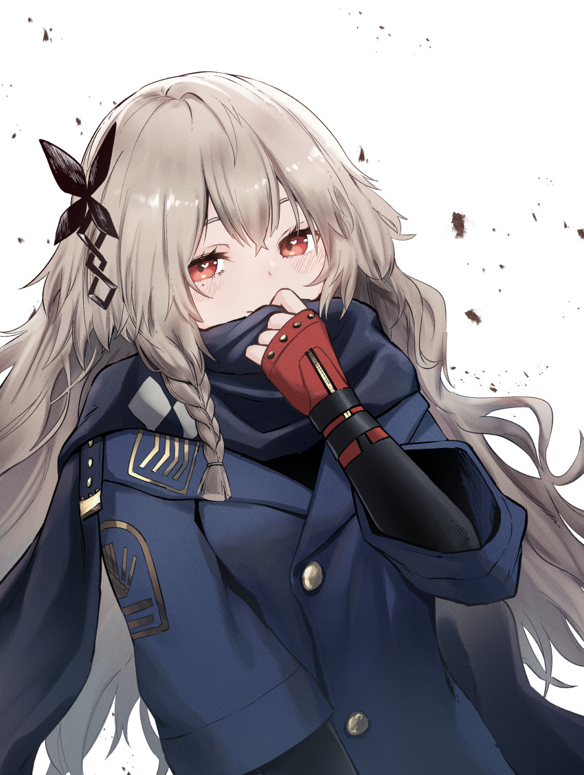 1girl absurdres blush covering_mouth girls_frontline grey_hair heart heart-shaped_pupils highres long_hair red_eyes scarf scarf_over_mouth shey_kr smile solo sp9_(girls'_frontline) symbol-shaped_pupils very_long_hair