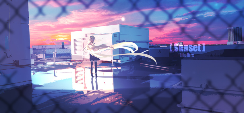 1girl absurdres building city commentary_request dress facing_away fence highres lifeline_(a384079959) long_hair original outdoors puddle reflection scenery shadow sky solo standing sunset white_hair wide_shot