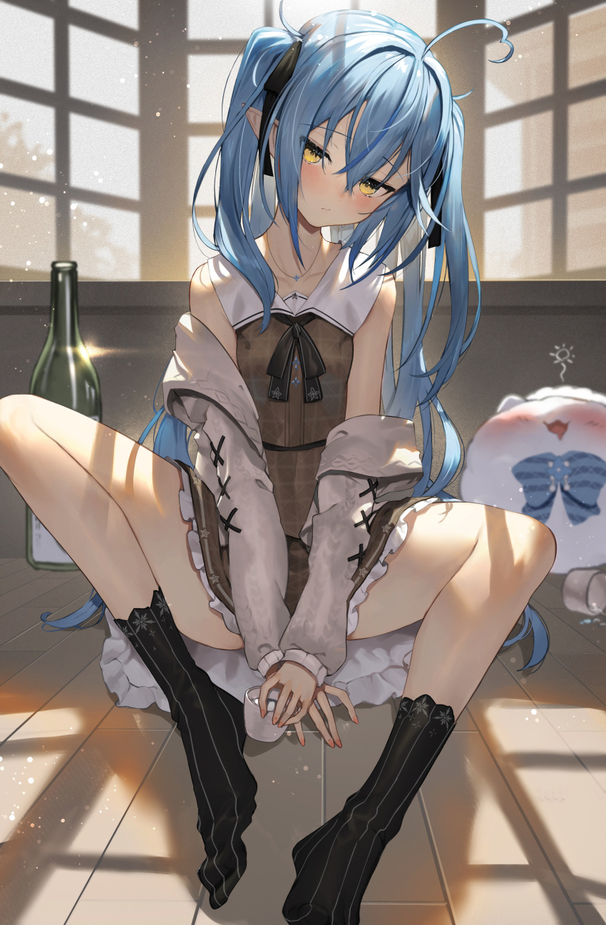 1girl absurdres ahoge bangs bare_shoulders between_legs black_ribbon blue_eyes blush brown_cardigan brown_dress cardigan closed_mouth coat coat_removed cup dress eyebrows_visible_through_hair hair_between_eyes hair_ribbon hand_between_legs highres holding holding_cup hololive looking_at_viewer mug no_shoes off_shoulder on_floor open_cardigan open_clothes pointy_ears ribbon sitting socks spread_legs sukocchi twintails virtual_youtuber yellow_eyes yukihana_lamy yukimin_(yukihana_lamy)