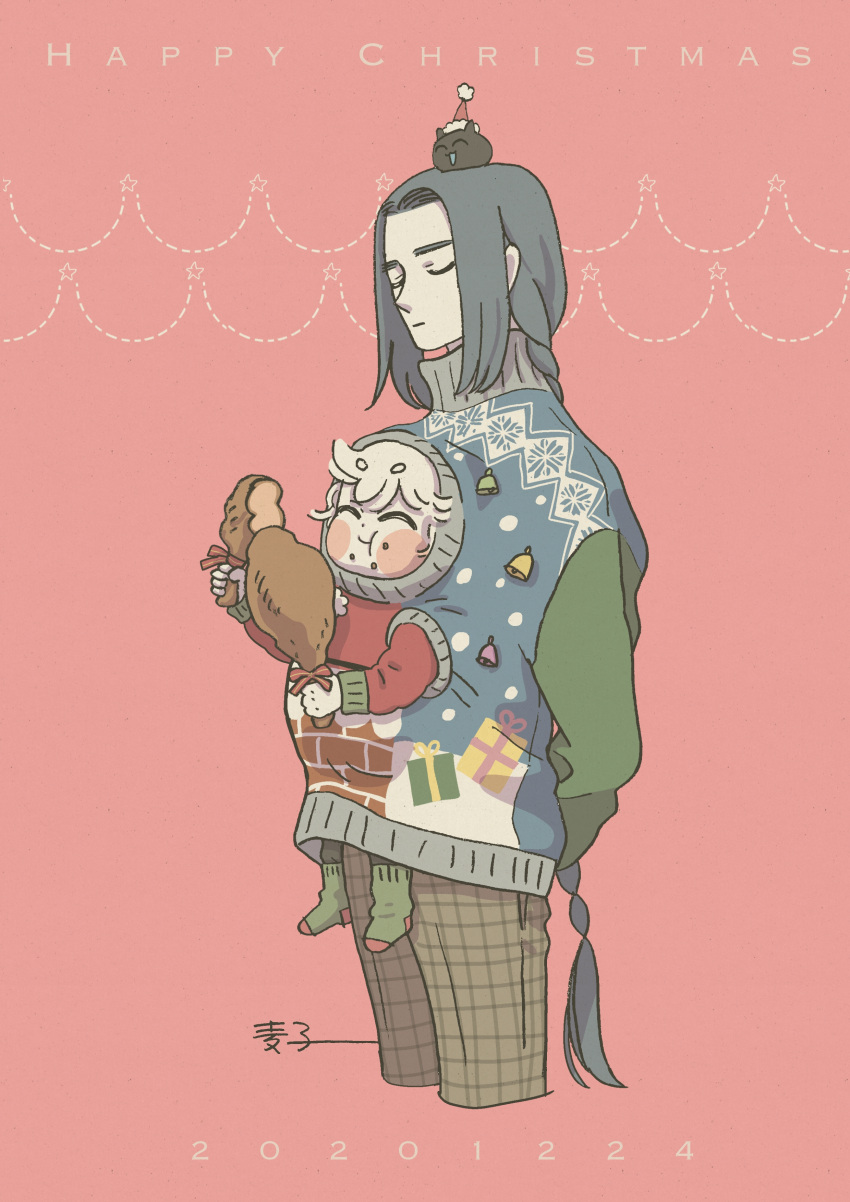 2boys absurdres chicken_leg closed_eyes dated eyebrows_visible_through_hair grey_hair highres long_hair long_sleeves luoxiaohei mugi-co multiple_boys pink_background short_hair simple_background socks sweater the_legend_of_luo_xiaohei very_long_hair white_hair wuxian_(the_legend_of_luoxiaohei)