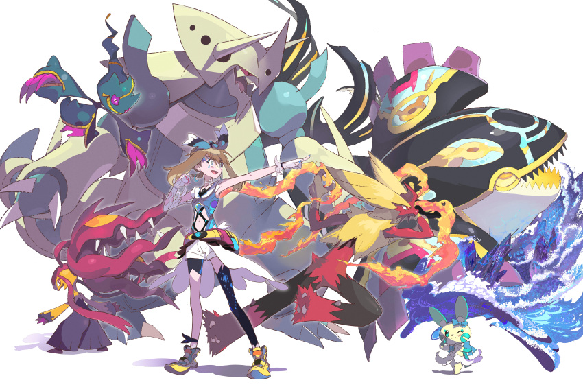 1girl absurdres adapted_costume aggron banette bangs black_legwear blaziken blue_nails brown_hair choker clothed_pokemon commentary eyebrows_visible_through_hair fang gloves grey_eyes highres hiro_(user_negm3832) holding holding_poke_ball kyogre legendary_pokemon long_hair mawile may_(pokemon) mega_aggron mega_banette mega_blaziken mega_mawile mega_pokemon minun nail_polish navel open_mouth pointing poke_ball pokemon pokemon_(game) pokemon_oras premier_ball primal_kyogre shoes shorts single_thighhigh sleeveless smile sparkling_eyes standing thigh-highs tongue white_background white_choker white_shorts yellow_footwear