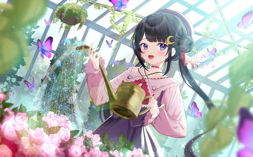 1girl :d animal bangs beret black_hair blurry blurry_background braid bug butterfly collared_shirt commentary_request crescent crescent_hair_ornament depth_of_field eyebrows_visible_through_hair fang flower greenhouse hair_bun hair_ornament hat highres holding indoors long_hair long_sleeves looking_at_viewer luna_(mi-chanman) open_mouth original pink_flower pink_rose pink_shirt puffy_long_sleeves puffy_sleeves purple_headwear purple_skirt rose shirt side_bun signature skirt smile solo twintails very_long_hair violet_eyes water watering_can