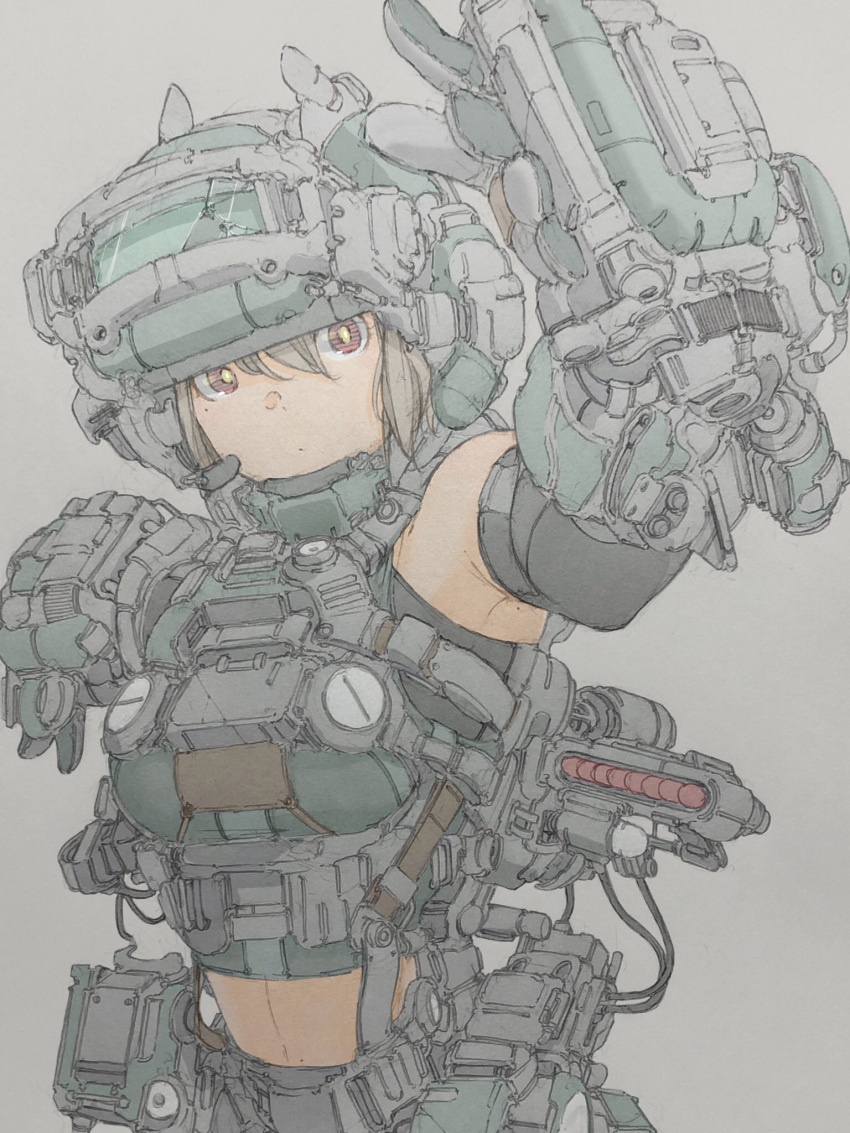 1girl armor breasts brown_hair closed_mouth elbow_gloves gloves goggles goggles_on_headwear grey_background hair_between_eyes helmet highres looking_at_viewer mecha_musume medium_breasts mekaringo midriff original power_armor red_eyes science_fiction simple_background solo upper_body