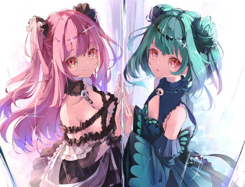 2girls absurdres ahoge alternate_breast_size animal_print asymmetrical_hair blue_dress blue_hair breasts butterfly_print double_bun dress dress_bow flat_chest frilled_dress frills gradient_hair green_hair hair_ornament hair_ribbon highres hololive long_hair low_twintails medium_breasts medium_hair multicolored_hair multiple_girls ninniku_mashimashi pink_hair pom_pom_(clothes) pom_pom_hair_ornament red_eyes ribbon short_dress short_twintails sidelocks skull_hair_ornament strapless strapless_dress twintails two_side_up uneven_twintails uruha_rushia virtual_youtuber